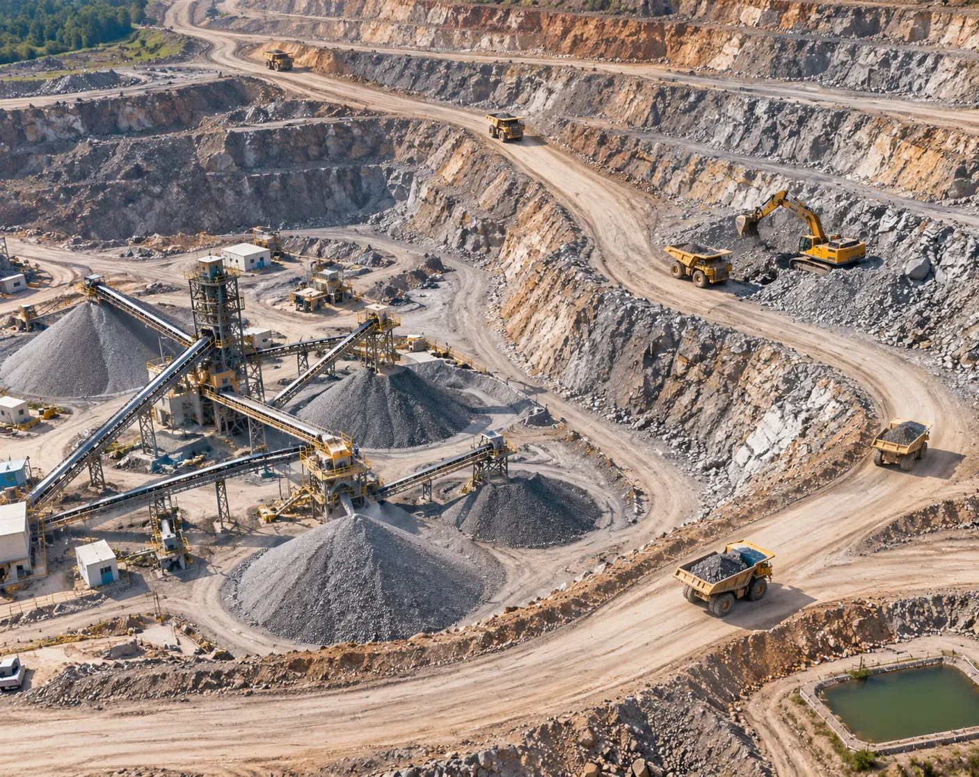 Open-Pit Mine With Haul Trucks, Excavator and Material Processing Equipment