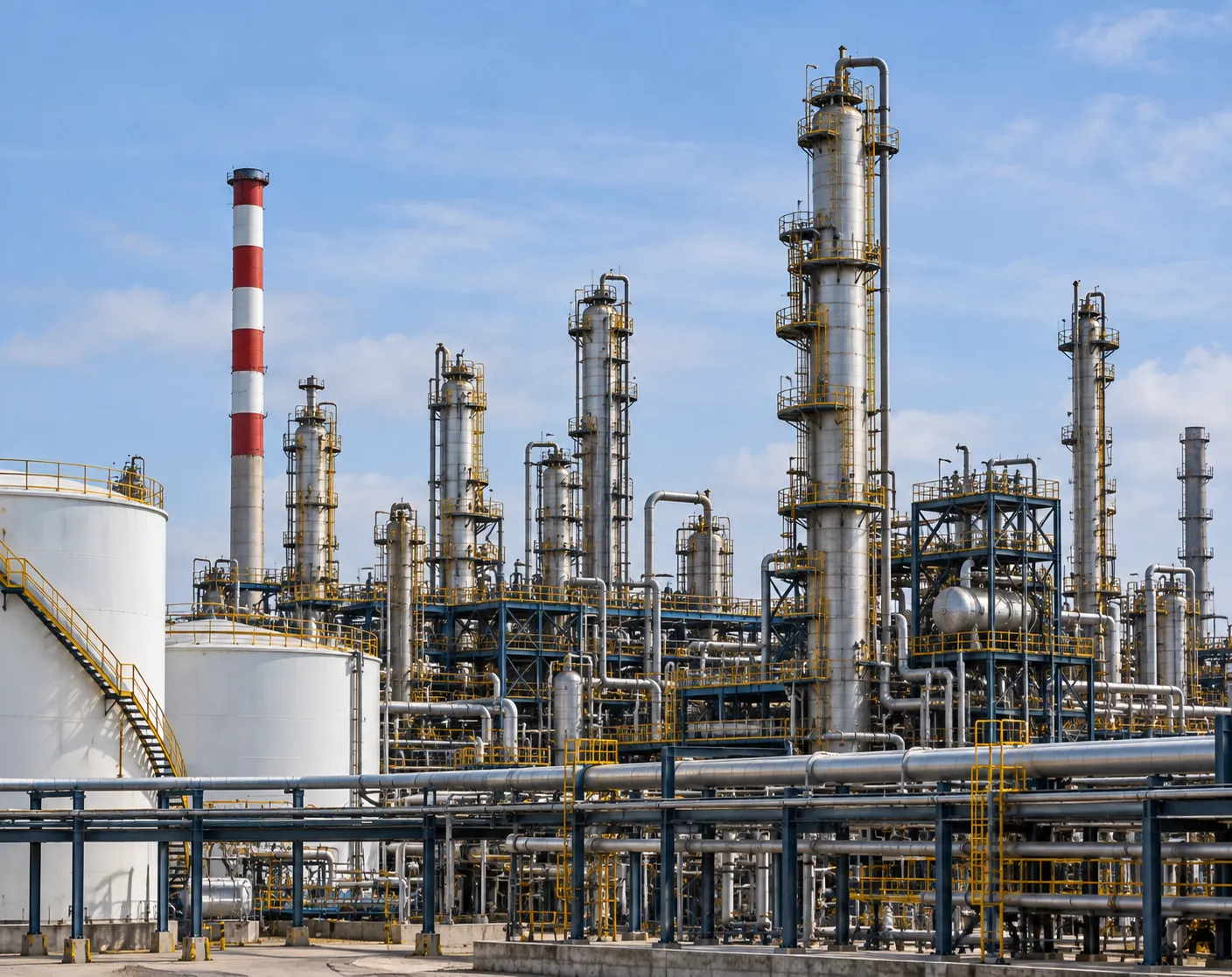Oil Refinery and Petrochemical Plant With Process Towers, Storage Tanks and Piping
