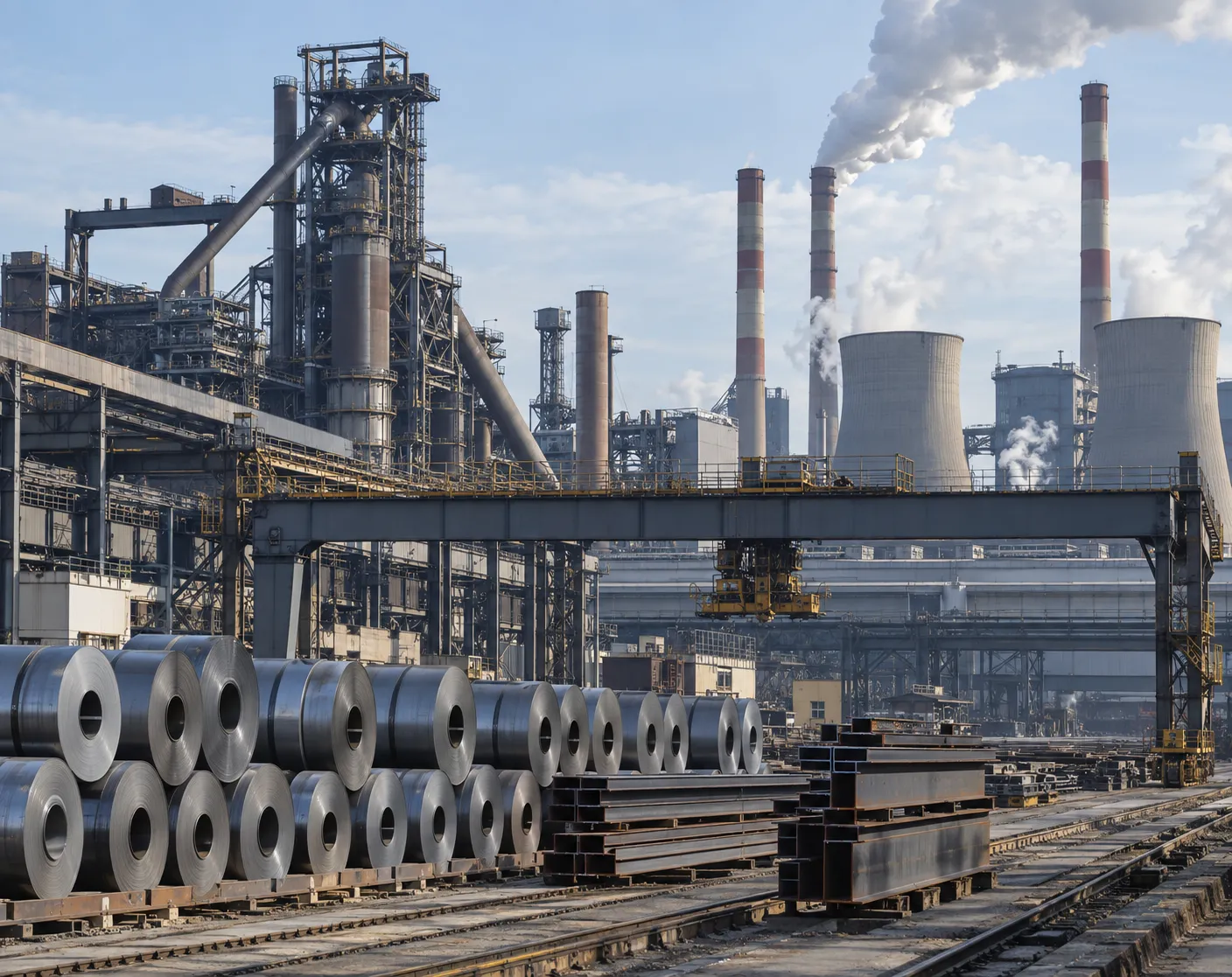 Steel and Power Plant With Industrial Processing Units, Cooling Towers and Steel Coils