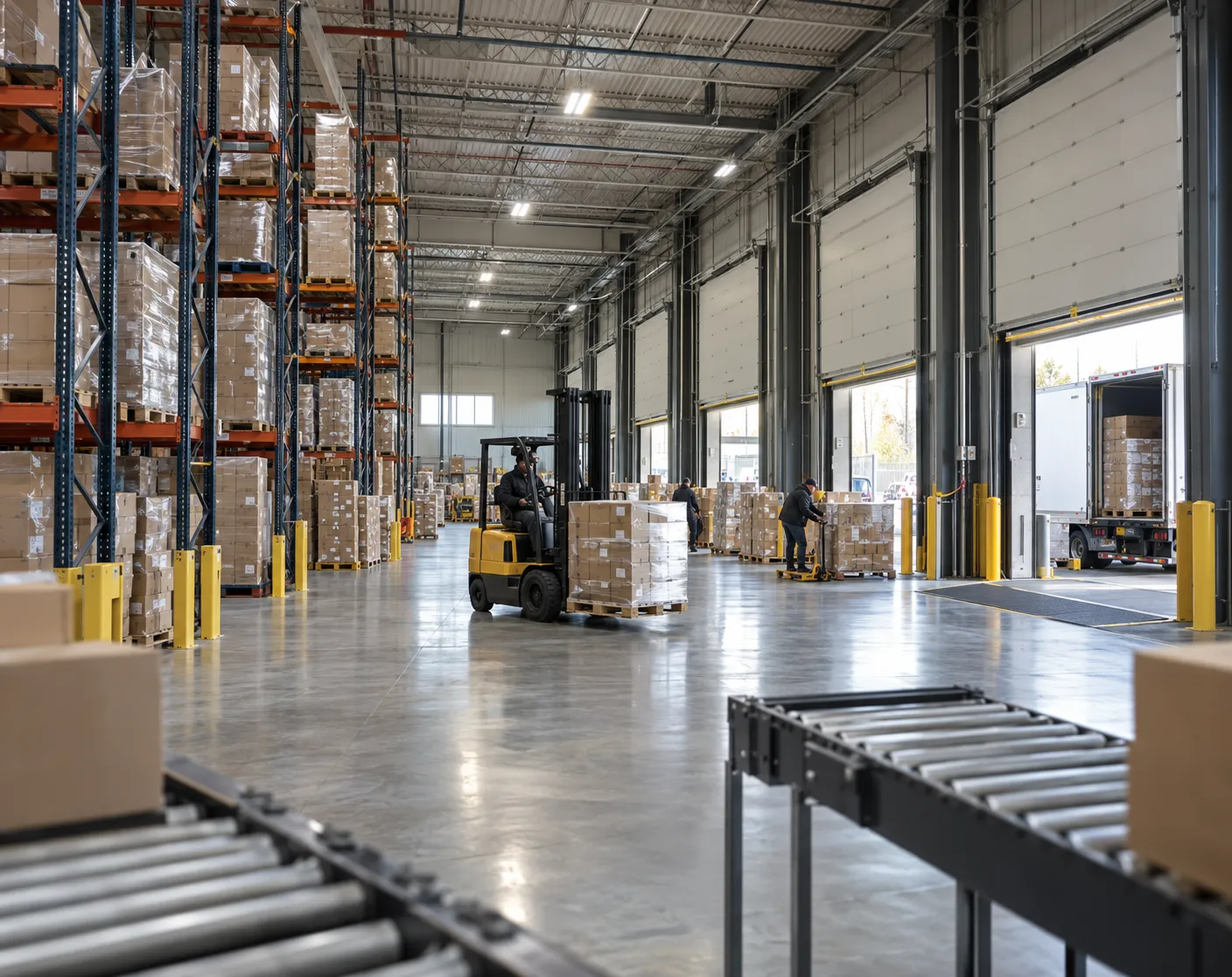 Warehouse and Logistics Facility With Forklift, Storage Racks and Conveyor System
