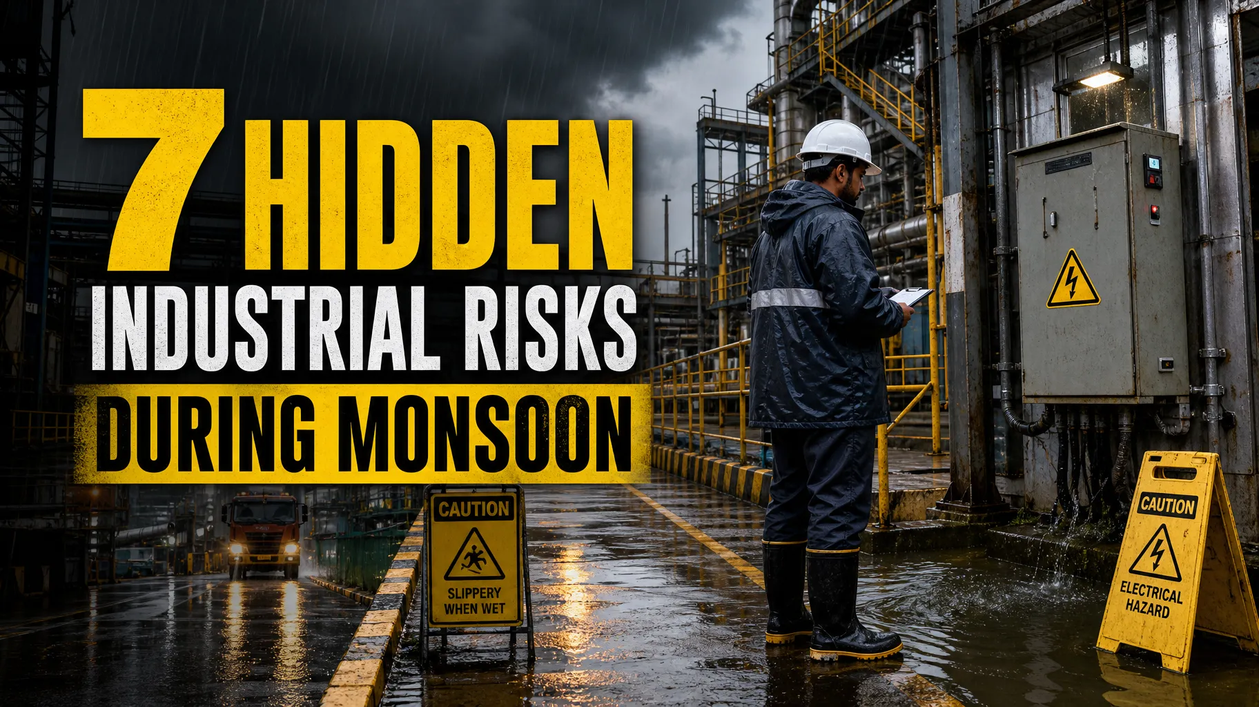 Monsoon Safety In Industry Showing Hidden Workplace Risks During Rainy Season