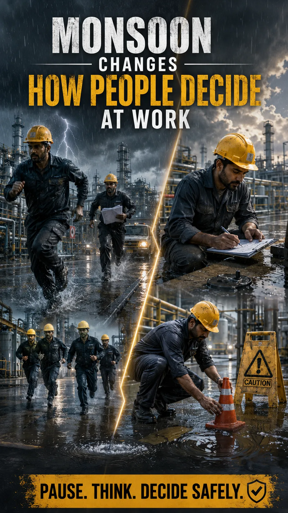 Workers Making Decisions During Monsoon Workplace Safety Conditions At Industrial Site