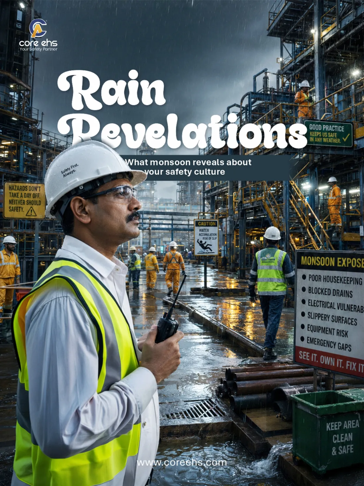 Industrial Site During Rain Highlighting Monsoon Safety Culture And Hazard Awareness
