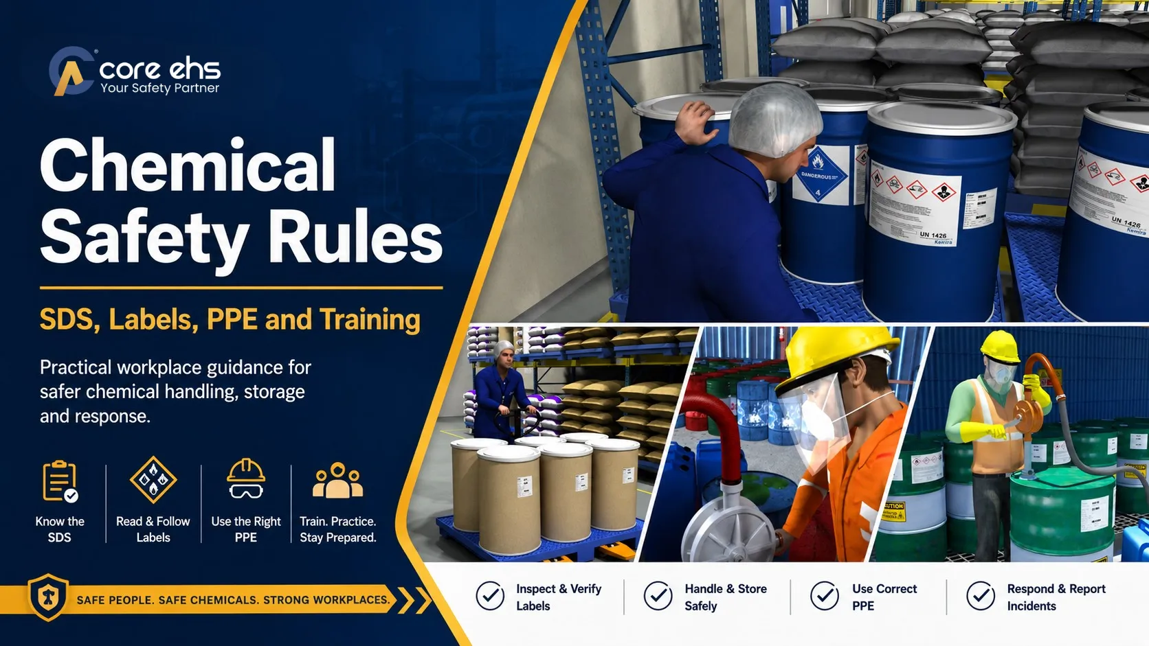 Workers Following Chemical Safety Rules for SDS, Labels, PPE, Storage and Handling