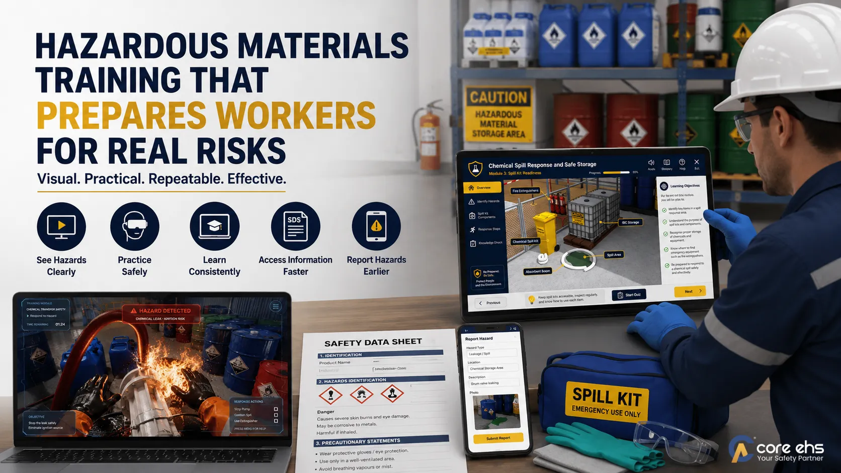 Worker Using Digital Hazardous Materials Training With SDS And Spill Response Tools