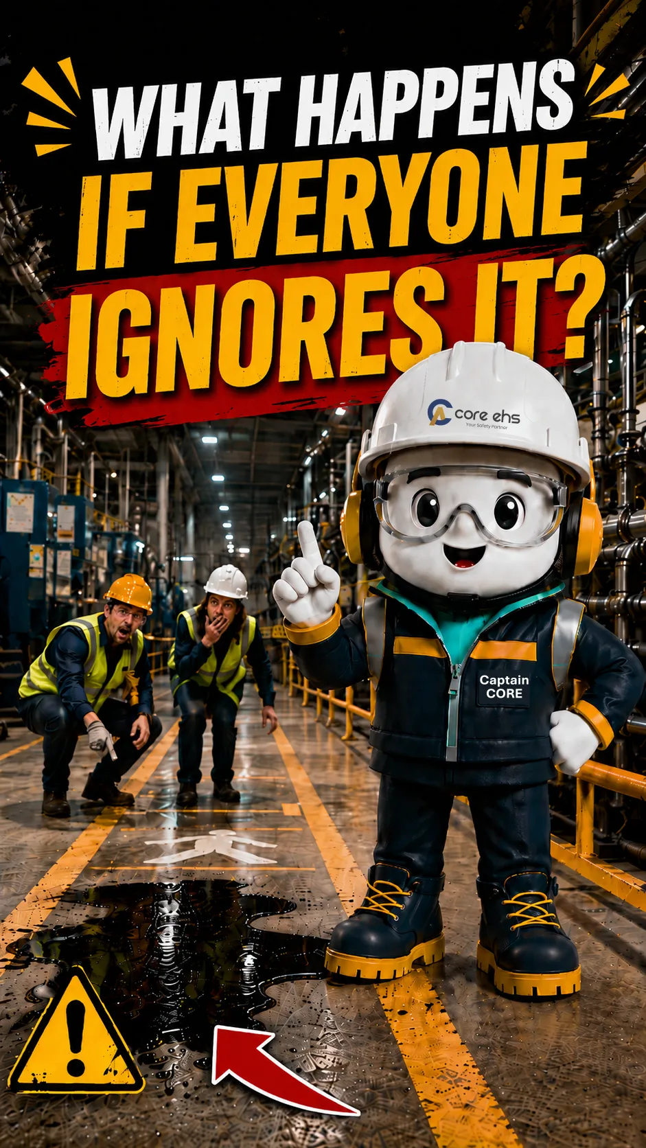 Captain CORE highlighting an ignored workplace hazard on an industrial floor while workers notice the unsafe condition.