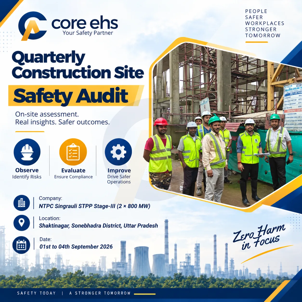 CORE-EHS team conducting a quarterly construction site safety audit at NTPC Singrauli in Uttar Pradesh.