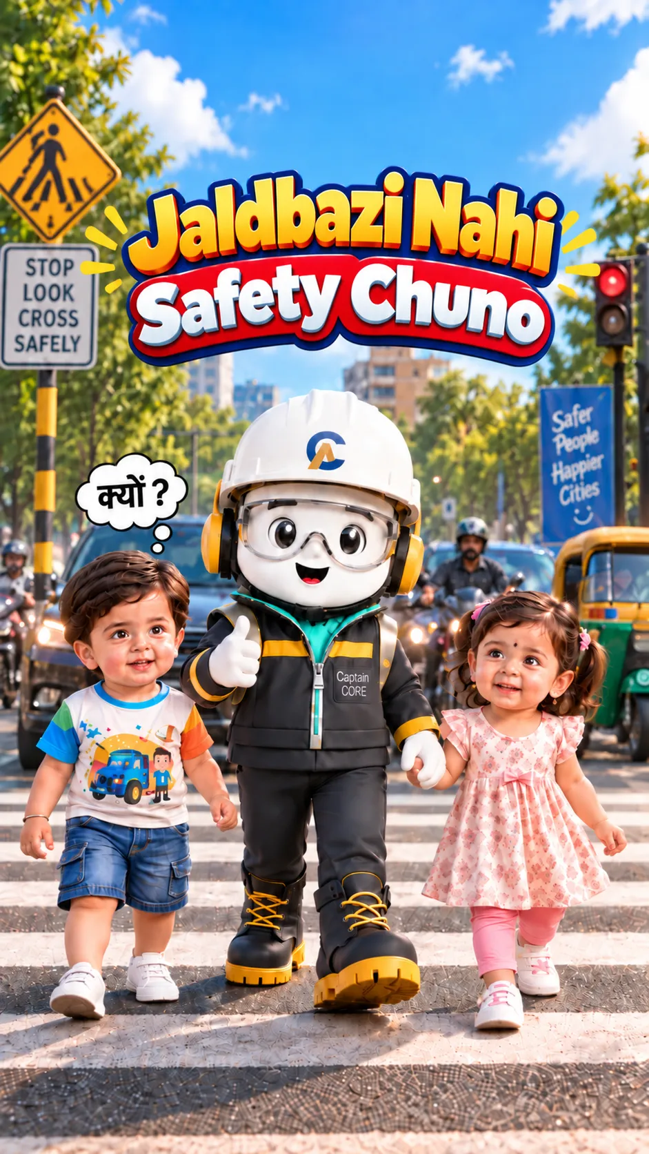 Captain CORE promoting pedestrian safety and safe road crossing awareness.