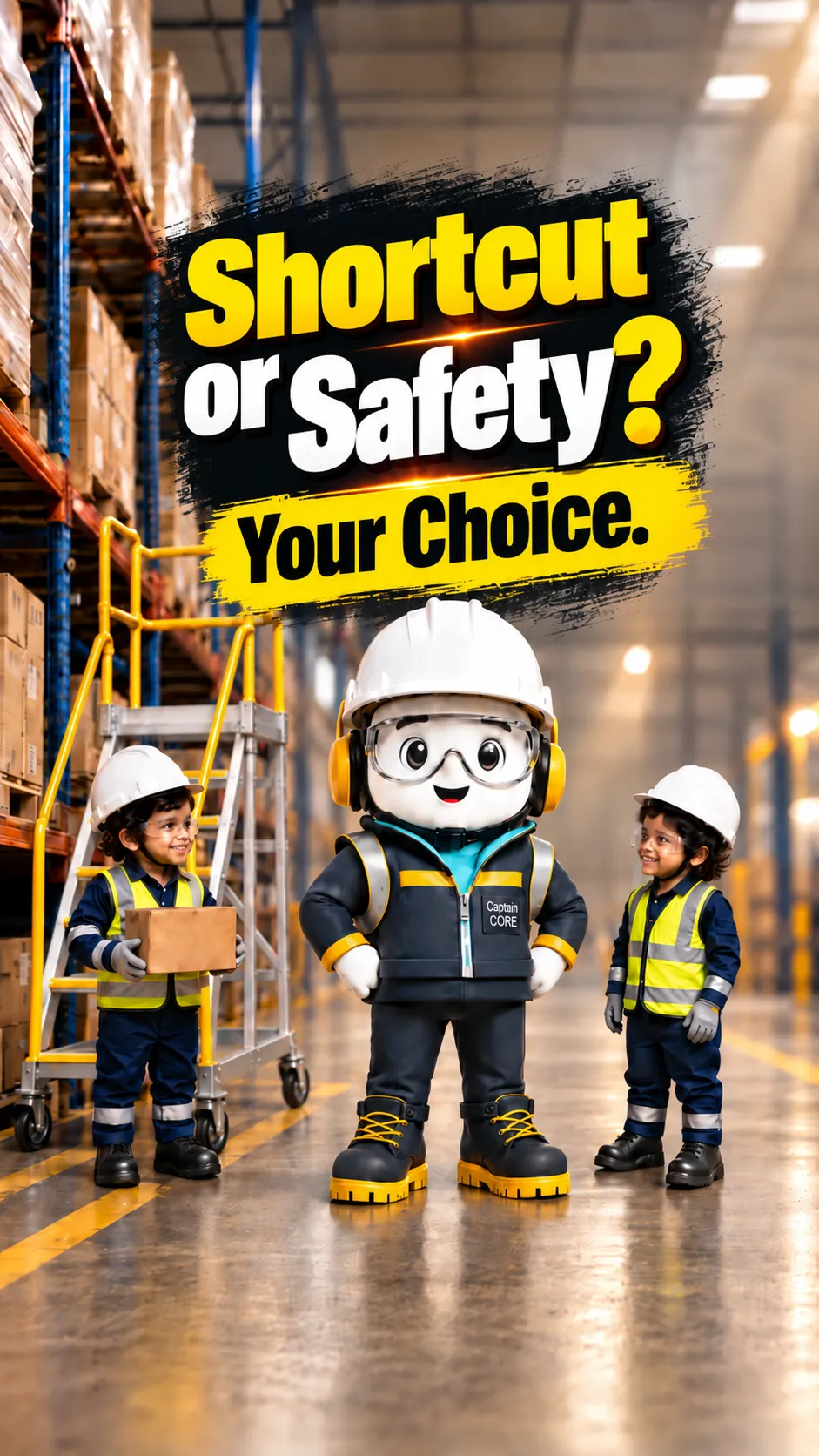 Captain CORE promoting warehouse work at height safety with workers wearing PPE near a mobile access platform and storage racks.