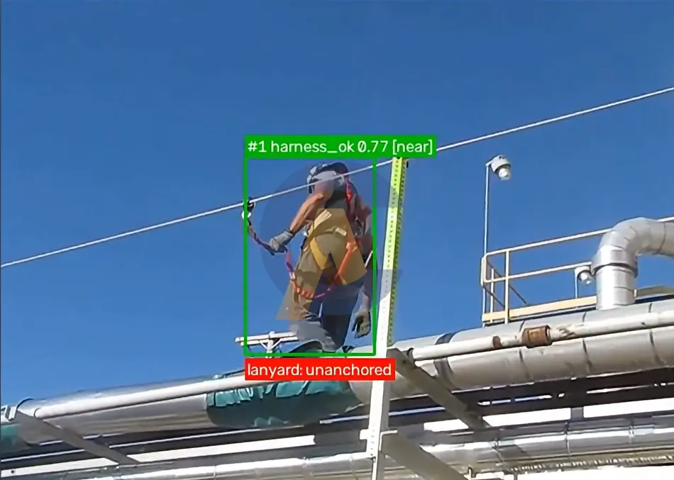 AI CCTV detecting an unanchored safety lanyard during industrial work at height.